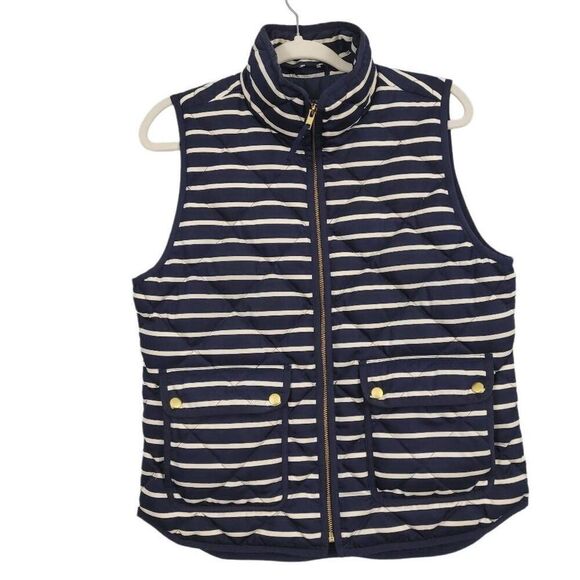 J.Crew Excursion Quilted Puffer Vest Sz M Striped Navy Blue White Full Zip Prepp - Picture 1 of 7